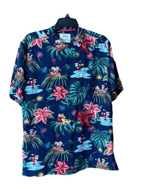 Disney Navy Holiday Tommy Bahama Hawaiian Shirt with Red and Green Accents